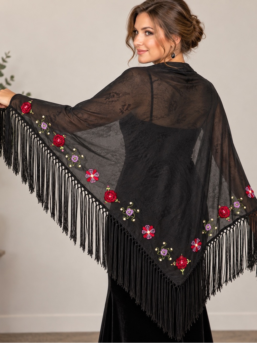 Reaction Kenneth Cole Black Floral Embroidered Fringe Boho Shawl Wrap
